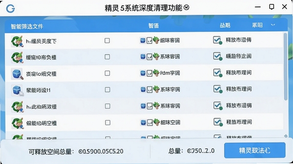 精灵系统深度清理功能界面，展示智能筛选出的缓存文件列表，每个文件前有复选框，底部显示可释放空间总量，界面采用清新的蓝白配色，列表清晰，操作按钮醒目