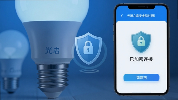 光源之家安全配对界面图，背景为智能灯泡特写，界面显示“已加密连接”图标，画面有盾牌标识，色调偏蓝，传达安全可靠的视觉感受