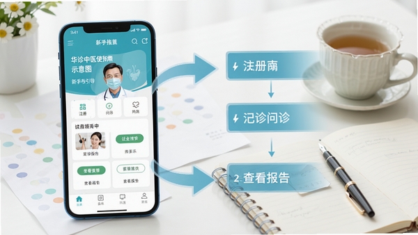 华诊中医使用指南示意图,手机屏幕展示应用首页,旁边有新手引导箭头,标注注册、问诊、查看报告等步骤,背景为简洁的工作台,有笔记本和茶杯,整体风格清爽明了