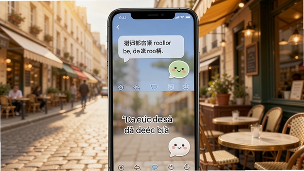 中比出行APP内置翻译功能使用场景展示，手机屏幕分为上下两个区域，上方显示中文询问语句，下方显示对应的法语翻译结果，并配有可爱的对话气泡图标，背景是欧洲街头咖啡馆，色调温馨明亮。