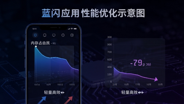 蓝闪应用性能优化示意图，展示手机运行流畅度对比，背景为深色科技感，前景为手机屏幕显示内存占用曲线下降，整体色调为蓝紫渐变，突出轻量高效特点