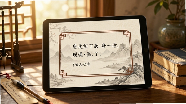 古文观芷应用在平板设备上显示每日一诗桌面小部件的场景,小部件以古典边框装饰,显示一句唐诗和作者,背景是淡雅的山水画,周围有毛笔、书签和几本古籍,阳光从窗户照进来,画面温暖,突出应用与古典文化的融合,高清渲染。