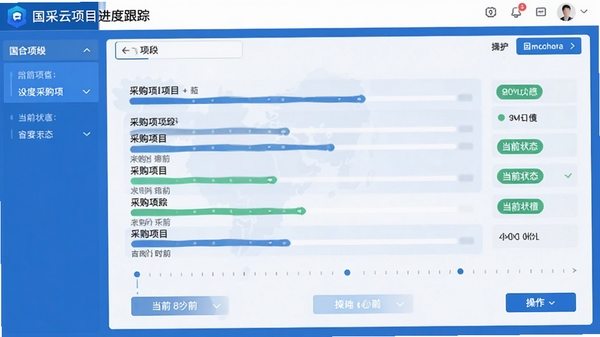 国采云项目进度跟踪界面,显示采购项目各个阶段的进度条和当前状态标签,配以时间轴和操作按钮,整体UI采用蓝色主色调,风格专业清晰