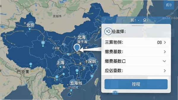 社保医保手机计算的城市选择界面，地图上标出北京上海广州深圳等城市，点击后弹出缴费基数列表，画面清晰直观，适合教程配图