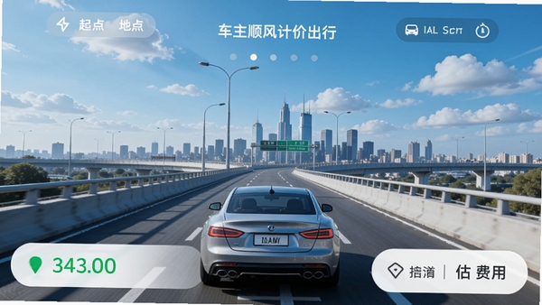 车主顺风计价出行软件主界面，一辆汽车行驶在都市高架桥上，背景是蓝天白云和城市天际线，界面显示起点终点和预估费用，画面清晰明亮，突出计价与出行主题，适配Boogu模型生成