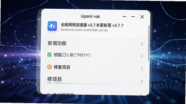全能网络加速器v3.7.7版本更新日志截图风格预览图，画面呈现手机系统更新界面，列出新增功能与修复项目，背景为科技感光效，突出版本升级的稳定性与专业性