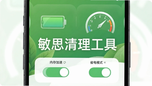 敏思清理工具性能优化效果图,手机屏幕显示内存加速与省电模式开关,背景为绿色与白色相间的自然色调,电量图标与速度计元素点缀其中,突出优化后的流畅与节能特性,画面中央有“敏思清理工具”字样,风格清新,适配Boogu模型生成。