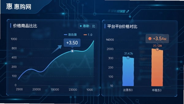 惠购网商品比价界面，展示价格曲线图和不同平台价格对比，背景为淡蓝色科技感线条，数据可视化风格，清晰易懂