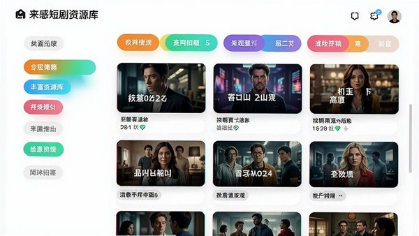 来感短剧资源库界面示意图，画面中展示多个分类标签和剧集缩略图，色彩鲜明，布局清晰，突出内容丰富性，现代UI设计风格