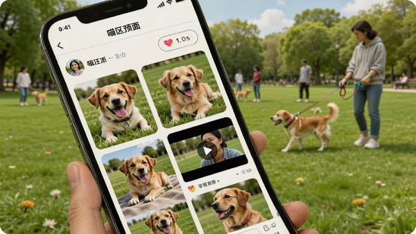 喵汪派社区动态页面预览，画面展示手机屏幕上显示用户发布的宠物照片和视频，有爱心点赞和评论按钮，背景是公园草地，有遛狗的人群，界面采用瀑布流布局，色彩活泼明快