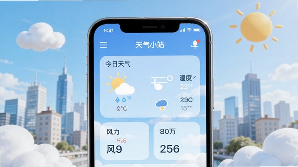 天气小站主界面，展示今日天气、温度、湿度、风力等核心数据，背景为城市风景，风格清新简洁，画面主体为手机屏幕特写，周围有云朵和太阳元素，整体色调明亮，适配Boogu模型生成