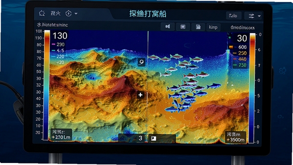 探鱼打窝船探鱼功能界面预览，显示水下地形扫描图与鱼群分布标记，彩色声呐图像清晰，包含深度刻度与水温数据，界面专业且易读，背景为深蓝色水域风格，突出探鱼科技感