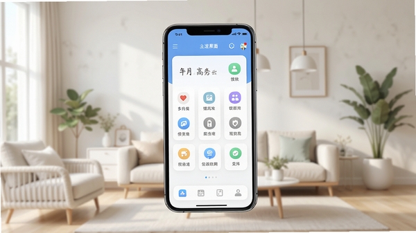 帮忙趣软件主界面预览图，画面中心显示手机应用首页，功能图标整齐排列，背景为现代简约风格的生活场景，色调明亮柔和，突出便捷高效的服务氛围