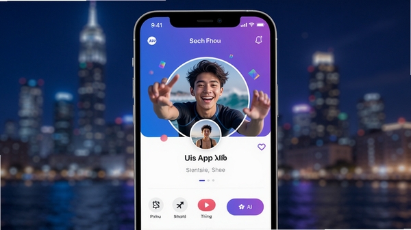 造浪APP主界面预览图，画面中央展示一个充满活力的年轻用户个人主页，背景是模糊处理的都市夜景，整体色调以品牌蓝紫色渐变为主，界面元素清晰，风格现代简洁，突出社交与分享的氛围
