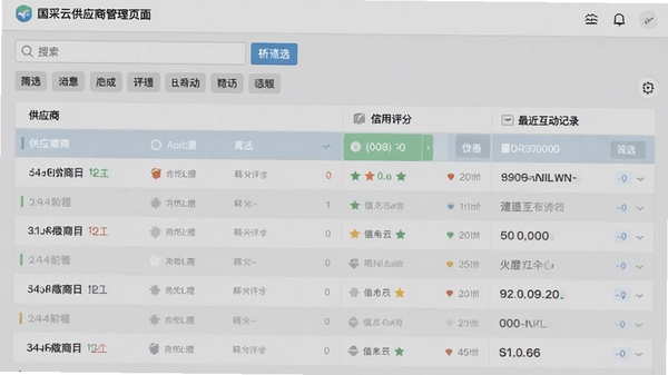 国采云供应商管理页面,显示供应商列表、信用评分和最近互动记录,界面包含搜索栏和筛选标签,背景为淡灰色,突出数据列表的整洁性