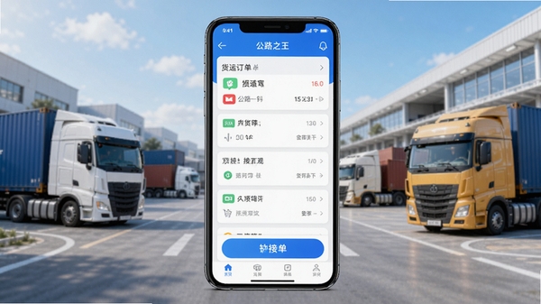 公路之王司机端APP主界面预览图，展示货运订单列表和接单按钮，界面简洁清晰，背景为现代化物流园区，带有卡车元素，明亮色调，高清渲染
