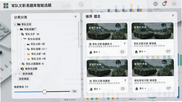军队文职易题库智能选题界面,分类树状目录与难度滑块,右侧显示推荐题目卡片,背景为浅灰色工作台,带有数据图表元素,风格简洁科技感