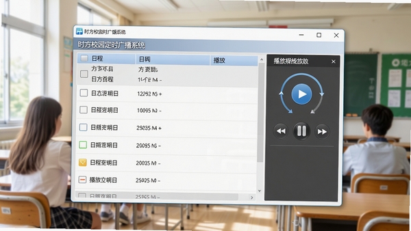 时方校园定时广播系统主界面截图，展示其简洁清晰的日程列表与播放控制面板，背景为明亮的学校教室场景，画面主体为软件窗口，风格写实明亮