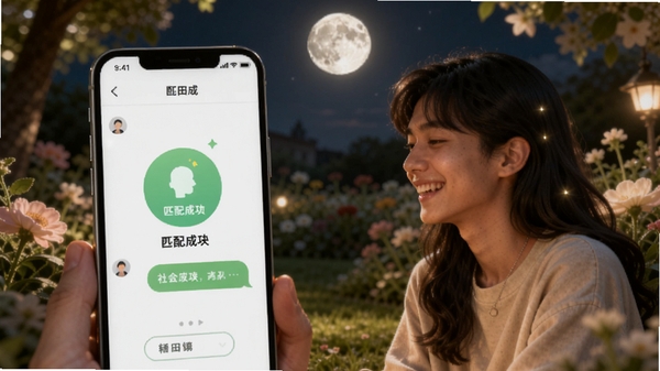 花田月下社交软件主界面,清新花园背景,两个年轻人正在愉快聊天,手机屏幕显示匹配成功动画,暖色调光线,画面温馨,突出社交氛围,整体风格现代简约,适配Boogu模型生成