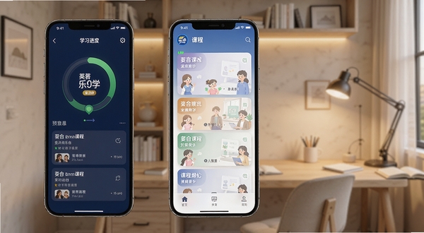英孚乐学APP主界面预览图,展示课程列表与学习进度环,背景为现代简约的书房场景,暖色调灯光,画面清晰明亮,突出移动学习的概念