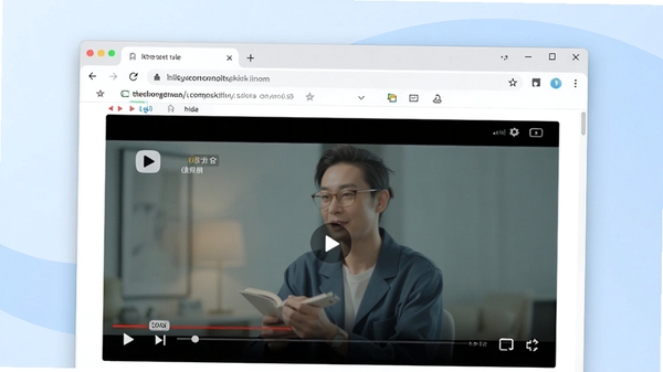 娱乐浏览器主界面预览图,现代简约风格的浏览器窗口占据画面中心,地址栏和标签页清晰可见,窗口内展示着高清视频播放页面,背景为柔和的浅蓝色渐变,整体画面明亮干净,突出浏览器流畅的视觉体验