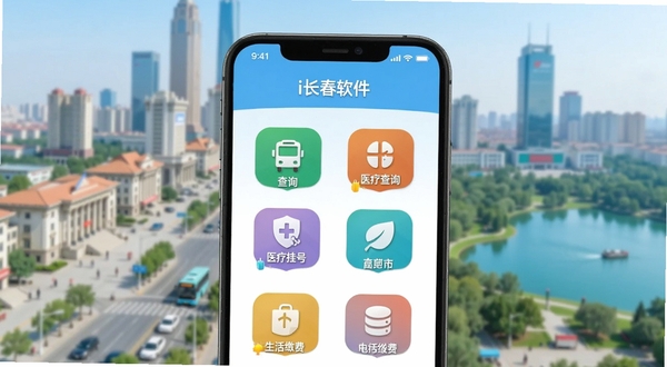 一张智能手机屏幕占据画面主要区域，屏幕内清晰显示i长春软件的主界面，包含彩色功能图标如公交查询、医疗挂号、生活缴费等，背景是模糊处理的长春市城市天际线，人民大街与南湖公园元素隐约可见，整体色调明亮清新，采用扁平化设计风格，突出软件的城市服务属性与便捷感。