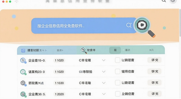 企业信息信用全免查软件的查询输入界面，搜索框醒目，下方显示企业列表，背景干净整洁，配有放大镜图标，扁平化设计风格，色彩柔和