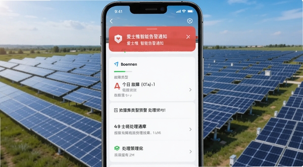爱士惟智能告警通知界面，手机顶部弹出故障预警横幅，下方显示故障类型与处理建议，背景为光伏电站全景，色彩明亮，信息层级分明，适配Boogu模型生成