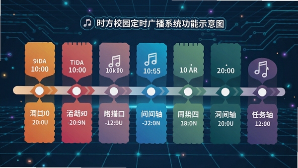 时方校园定时广播系统功能示意图，展示一周七天不同时间点的彩色任务时间轴，配有音乐音符图标，背景为抽象科技网格，风格扁平清爽