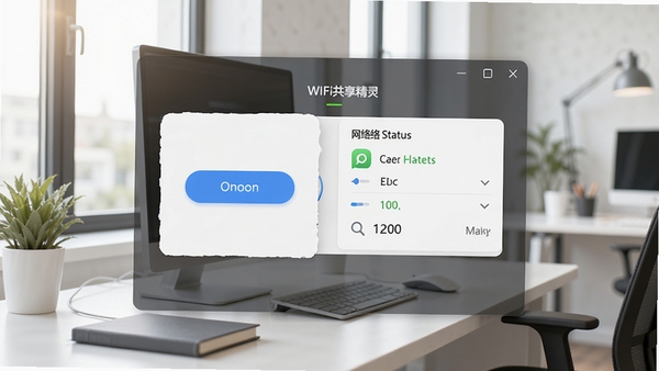 WIFI共享精灵主界面预览图，展示简洁的开启按钮与网络状态面板，背景为现代化办公桌面环境，光线明亮自然，界面元素清晰可见