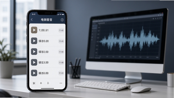 电销管家通话录音功能预览图,画面显示手机屏幕上的录音文件列表,每项带有播放按钮和时间,背景为简洁的办公室环境,有电脑屏幕显示波形图,整体色调沉稳,突出安全可靠,16:9比例