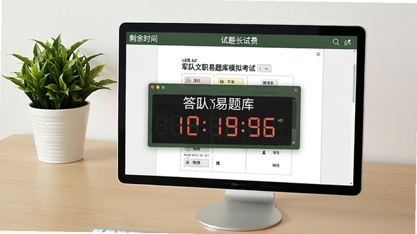 军队文职易题库模拟考试界面,答题卡与倒计时悬浮窗,试卷顶部显示剩余时间,背景为纯色桌面,搭配绿植装饰,画面明亮清晰