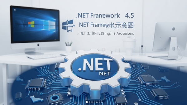 Microsoft .NET Framework 4.5 运行环境示意图，背景为现代简约的电脑桌面，前景是带有.NET标识的齿轮与电路板元素，整体色调蓝白相间，科技感十足。