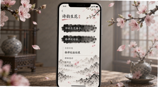 诗韵生花界面预览,手机屏幕上显示古典水墨风格的应用界面,有诗句输入框和格律校验结果,背景是淡雅的山水画与飘落的桃花瓣,整体色调素净雅致,竖屏构图,画面主体为手机屏幕特写,周围环境虚化,适配移动端壁纸风格