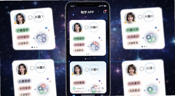 触梦APP界面展示智能匹配功能，屏幕上有多个用户卡片，每个卡片包含头像、兴趣标签和共同的爱好圈，背景为动态模糊的星空图案，色彩明亮活泼，突出推荐算法的精准与界面清爽