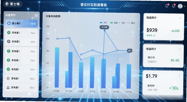 爱士惟实时数据看板界面，展示发电量柱状图与折线趋势，左侧为设备列表，右侧为收益统计卡片，背景为淡蓝色科技感光效，UI设计现代简洁，适配Boogu模型生成