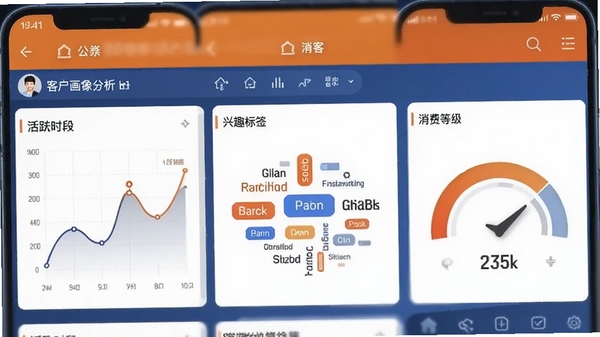 猎客客户画像分析界面截图,画面显示一个用户画像详情页,包含活跃时段折线图、兴趣标签云和消费等级仪表盘,配色以橙色和蓝色为主,背景为手机UI界面,整体风格专业且直观,突出数据驱动的洞察能力。