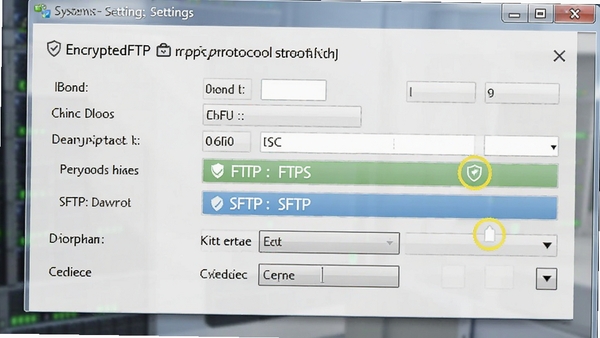 EncryptedFTP加密协议设置界面,展示FTPS和SFTP两种协议选项,背景为系统设置窗口,包含端口号、加密方式、证书选择等详细配置项,界面采用浅灰色调,文字清晰,重点突出加密连接的安全标识