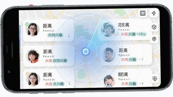 附近蜜欢智能推荐功能示意图，手机界面展示附近的人卡片列表，每张卡片包含头像、距离、共同兴趣标签，背景为地图网格，有雷达波纹效果，体现精准定位与智能算法，风格现代扁平化，色彩鲜明