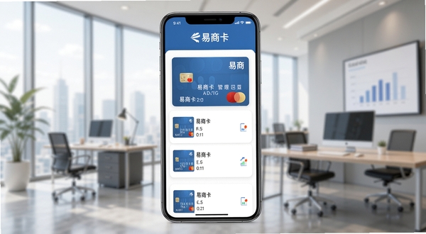 易商卡主界面展示，手机屏幕内显示卡片管理列表，背景为商务办公场景，简洁明亮，突出软件名称易商卡，画面居中，现代扁平化风格，高清渲染