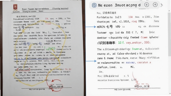 尚书七号识别效果示意图,展示一张包含中英文混排的扫描文档图片,左侧为原始图片,右侧为识别出的文本内容,文字清晰准确,界面标注识别准确率数据
