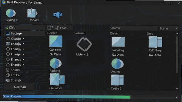 Best Recovery For Linux 软件主界面预览图,展示磁盘分区选择列表与扫描进度条,背景为深色技术风格界面,图标清晰,整体氛围专业严谨