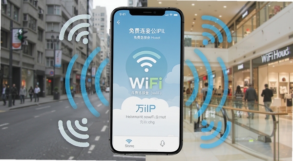 一张智能手机屏幕截图，界面显示万用钥匙WiFi连的主页，周围环绕着WiFi信号图标和网络波纹，背景是模糊的城市街道与商场室内场景，突出免费连接公共WiFi的核心功能，画面明亮清晰，UI设计扁平化风格