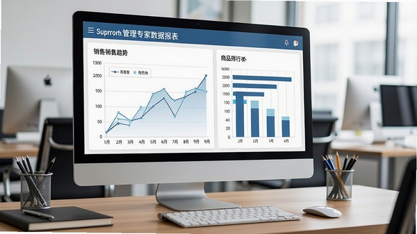 超市管理专家数据报表界面，显示销售趋势折线图、商品排行条形图，背景为办公室桌面，电脑屏幕清晰，色调专业
