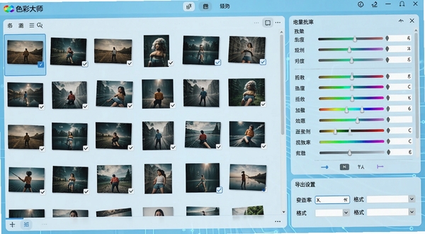 色彩大师软件界面截图，显示批量处理功能，界面左侧为图片列表缩略图，多张图片被勾选，右侧显示统一的调色参数面板，底部有导出设置选项，包含分辨率和格式选择，背景为浅蓝色科技感界面，整体风格简洁明了，突出高效工作场景，图片清晰展示色彩大师软件名称。