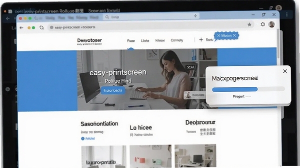 展示easy-printscreen滚动截图功能的操作示意图,画面中显示正在自动向下滚动抓取一个长网页,右侧有进度提示浮窗,色调清爽,直观表达长截图功能的便捷性