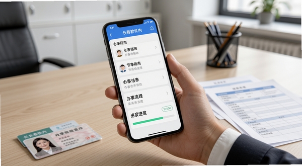 展示i长春软件内政务办事功能模块的截图预览图，画面中一部手机被手握着，屏幕显示办事指南列表和清晰的进度条，桌面上散落着身份证和几张表格，背景为简洁的办公室环境，光线自然，风格写实且具有生活气息，强调软件帮助用户节省时间、简化流程的核心价值。
