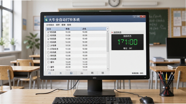 大牛全自动打铃系统主界面,展示软件运行在电脑桌面上的整体效果,背景为简洁的教室或办公室环境,界面清晰显示时间表列表和当前状态,风格写实,细节丰富