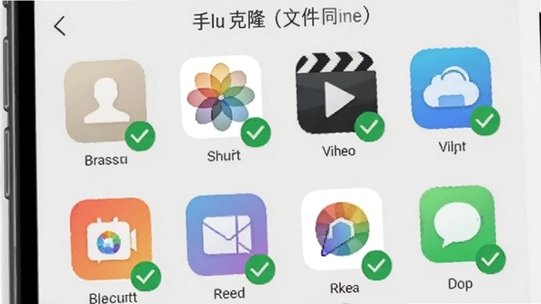 手机克隆(文件同步)数据迁移类型列表界面,屏幕上展示联系人、照片、视频、应用等图标,每个图标带有绿色对勾,背景为淡灰色,整体风格清晰直观,强调软件支持多类型数据同步的全面性