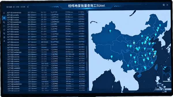 经纬度批量查询工具批量转换功能演示，屏幕中显示大量地址列表正在被转换为坐标点，数据行快速滚动，右侧地图上同时出现对应标记点，整体风格科技蓝